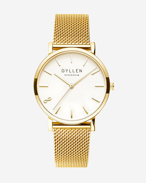 Gold Watch With Infinity Sign And White Face Gray Background 