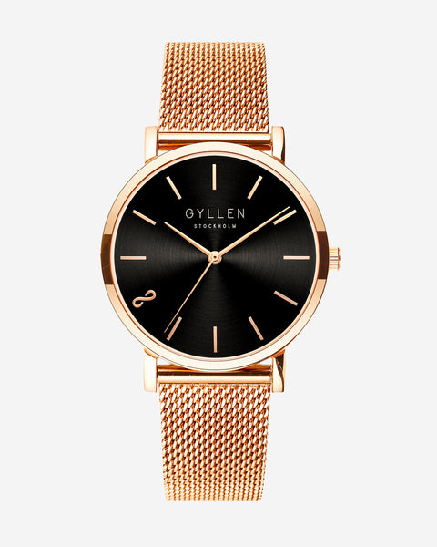 Rose Gold Watch With Black Face And Eternity Sign